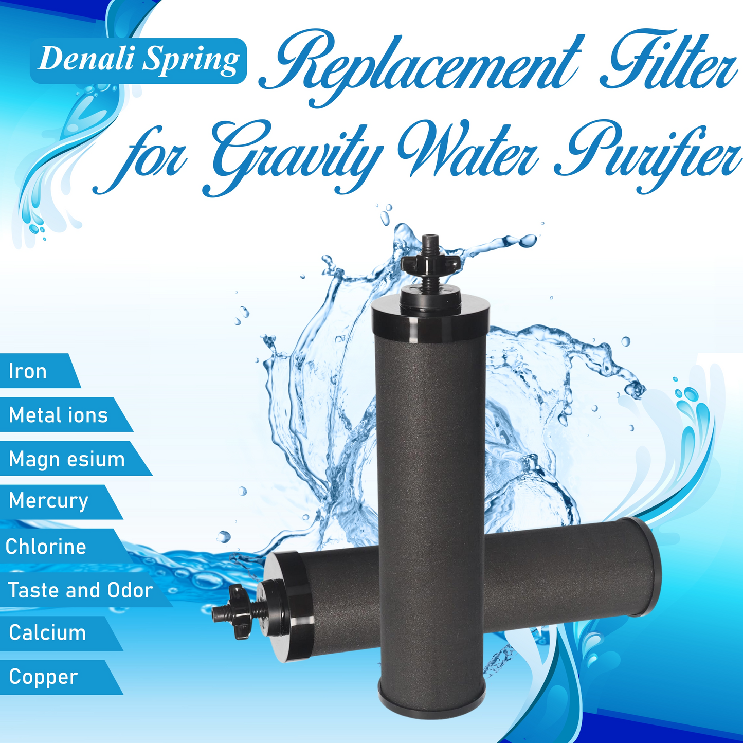 Denali Spring Replacement Carbon Filters (2-Pack) – Compatible with Gravity Water Filtration Systems, Removes PFAS, Chlorine & Impurities, Long-Lasting Performance