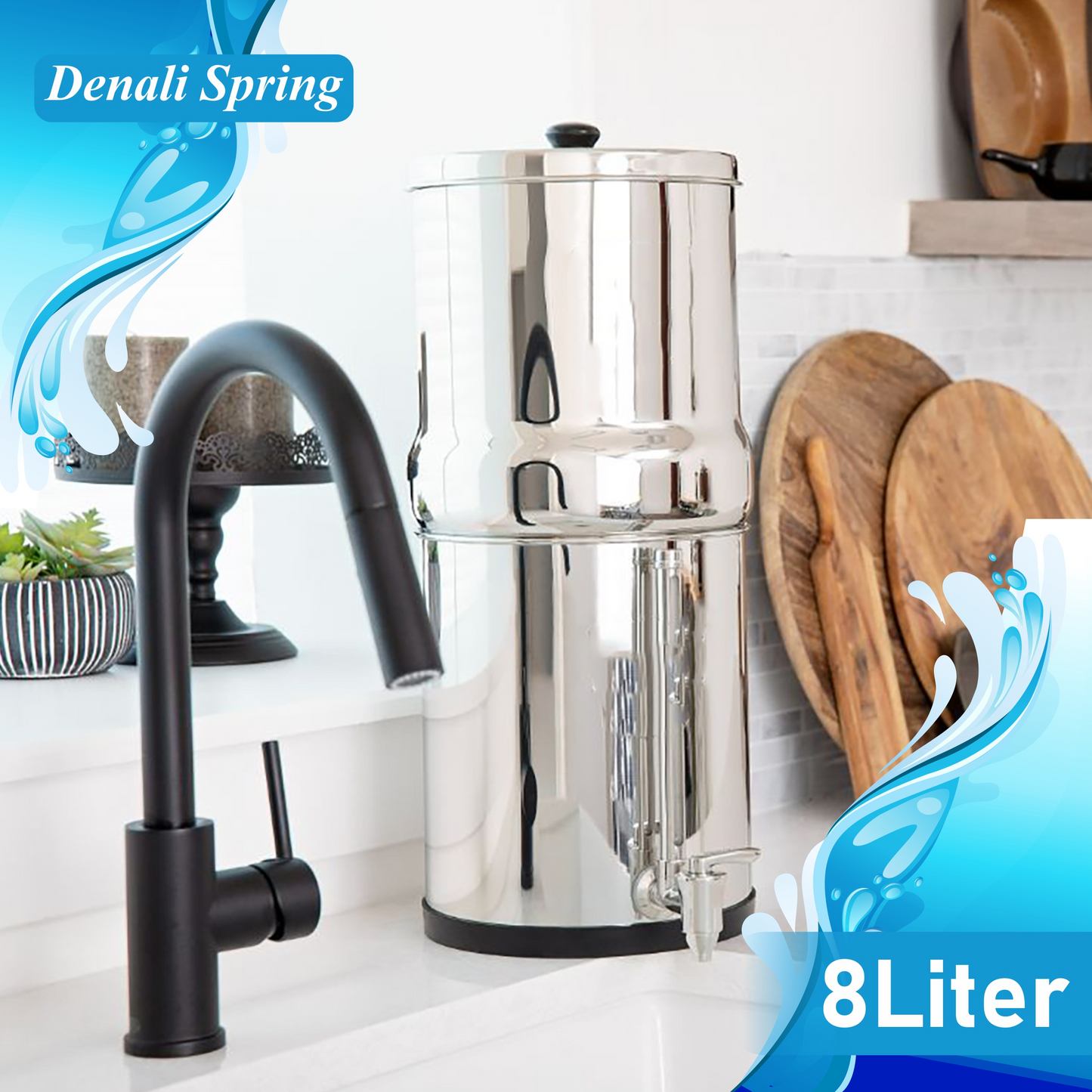 2.25 Gallon (8L) Stainless Steel Gravity Water Filtration System with Carbon Filters - Removes PFAS & Forever Chemicals for Home & Outdoor Use