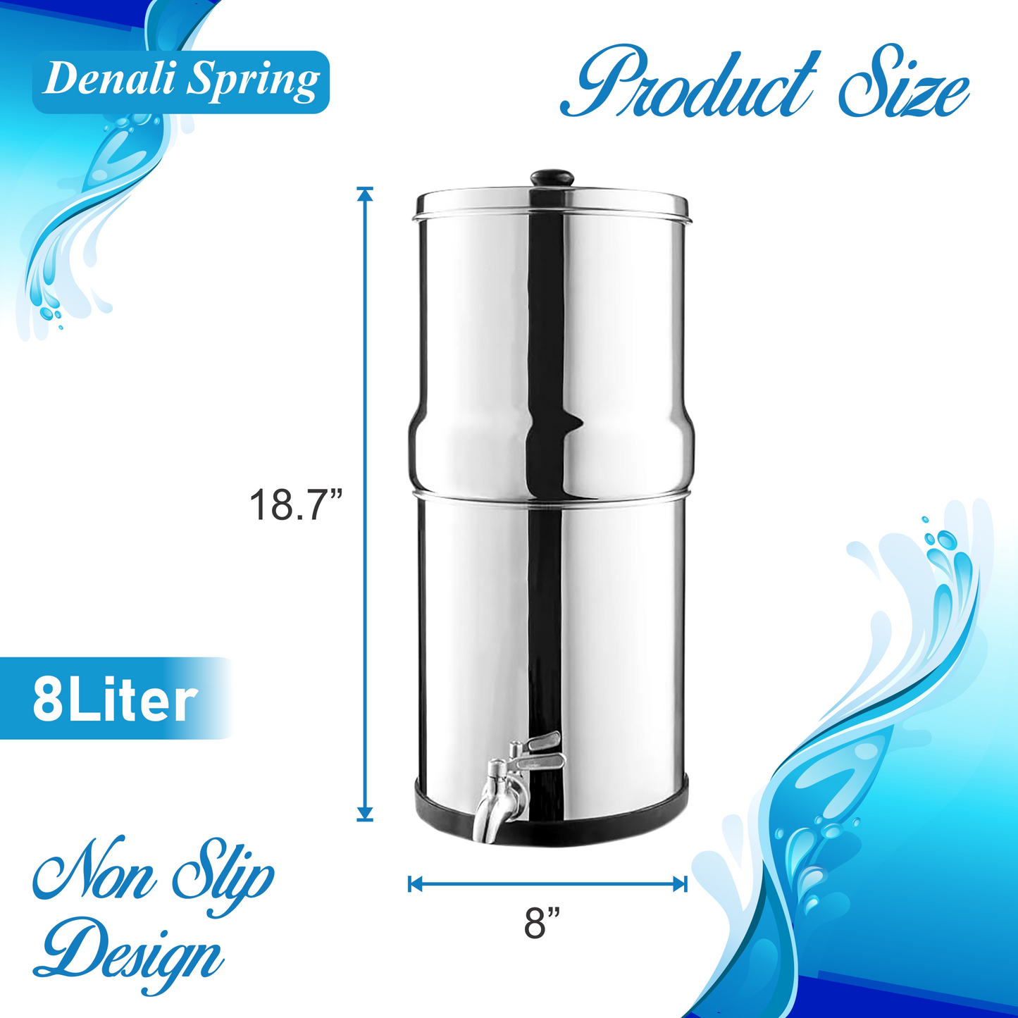 2.25 Gallon (8L) Stainless Steel Gravity Water Filtration System with Carbon Filters - Removes PFAS & Forever Chemicals for Home & Outdoor Use