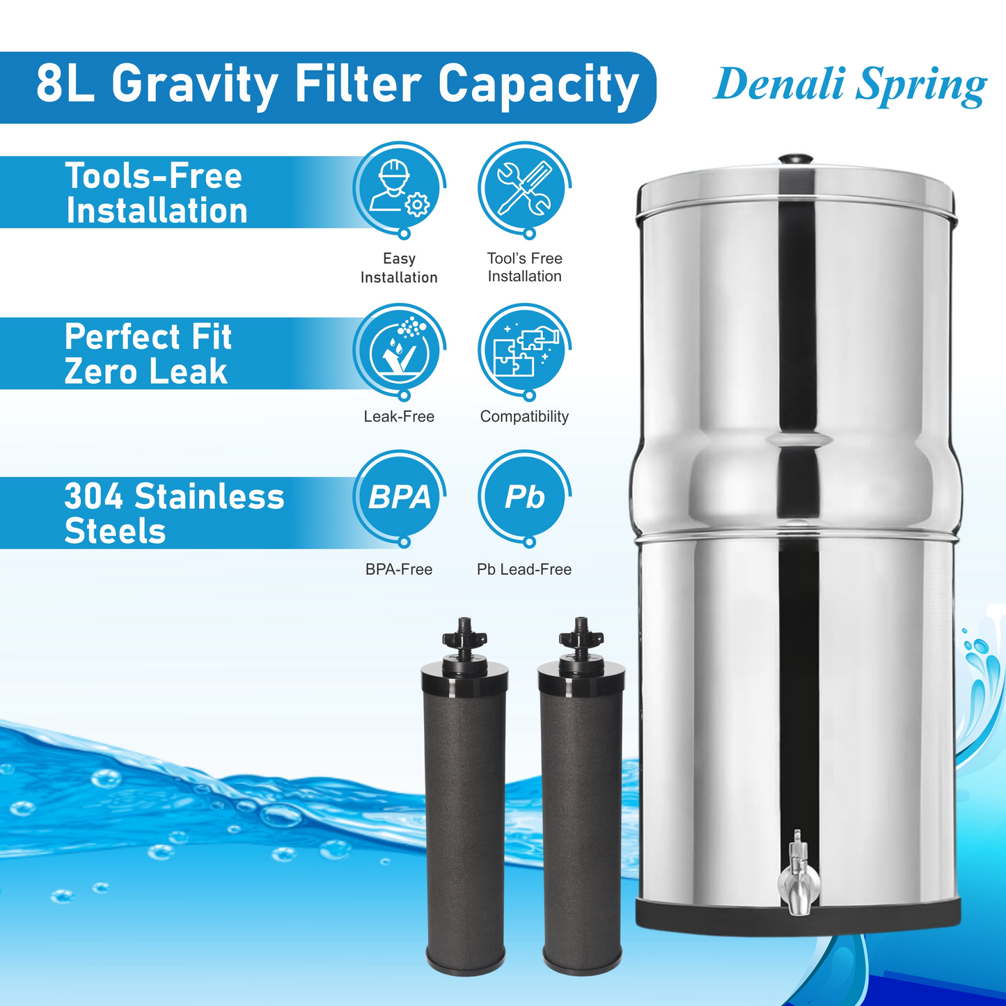 2.25 Gallon (8L) Stainless Steel Gravity Water Filtration System with Carbon Filters - Removes PFAS & Forever Chemicals for Home & Outdoor Use