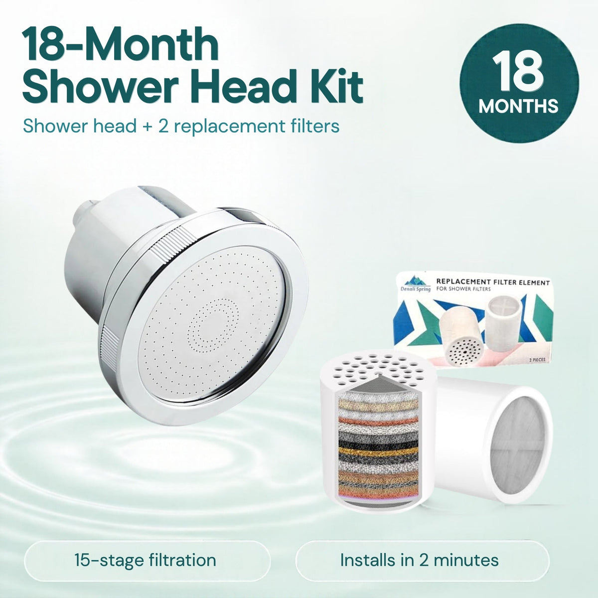 Denali Spring filtered shower head with 2 replacement cartridges