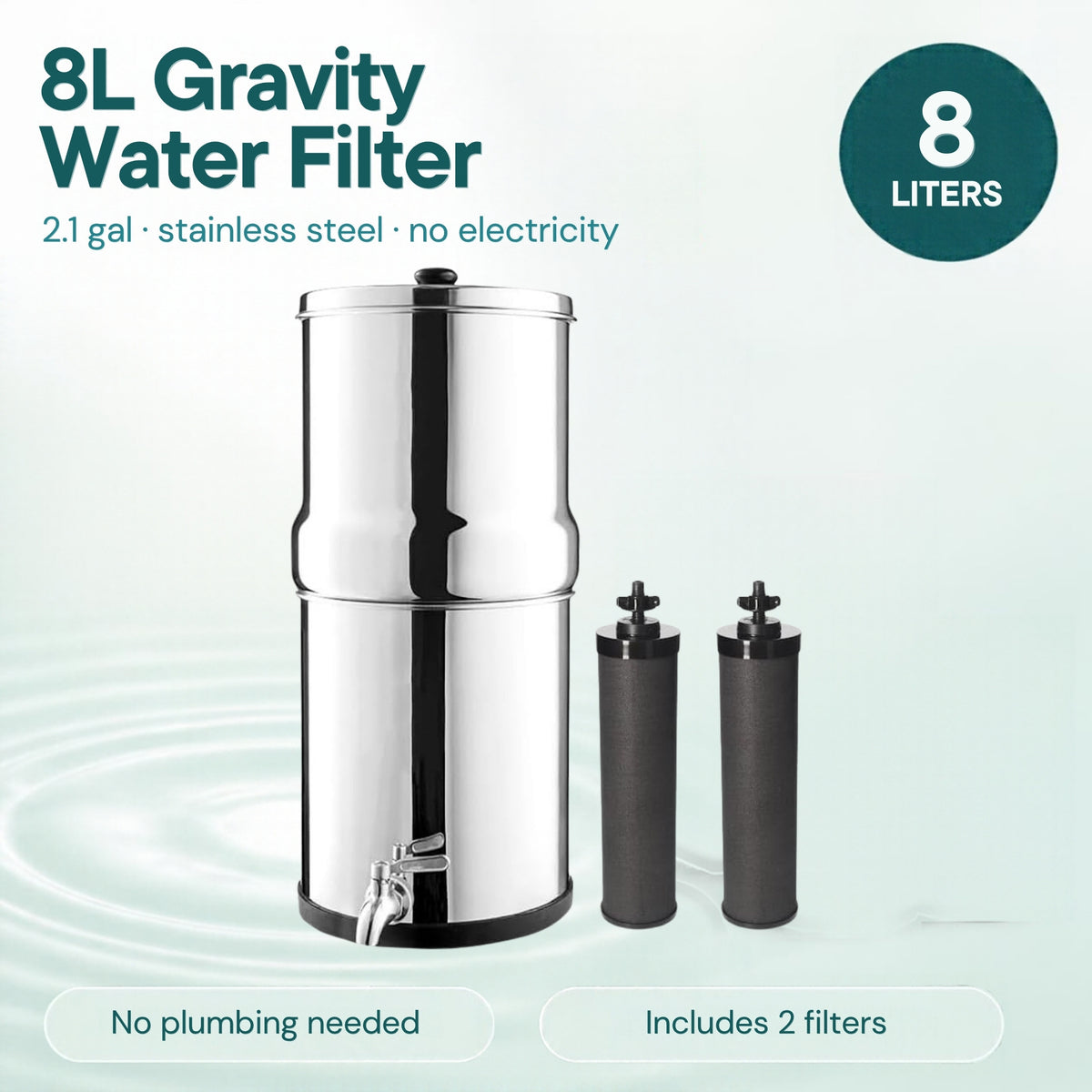 Denali Spring 8L stainless steel gravity water filter with 2 carbon filters