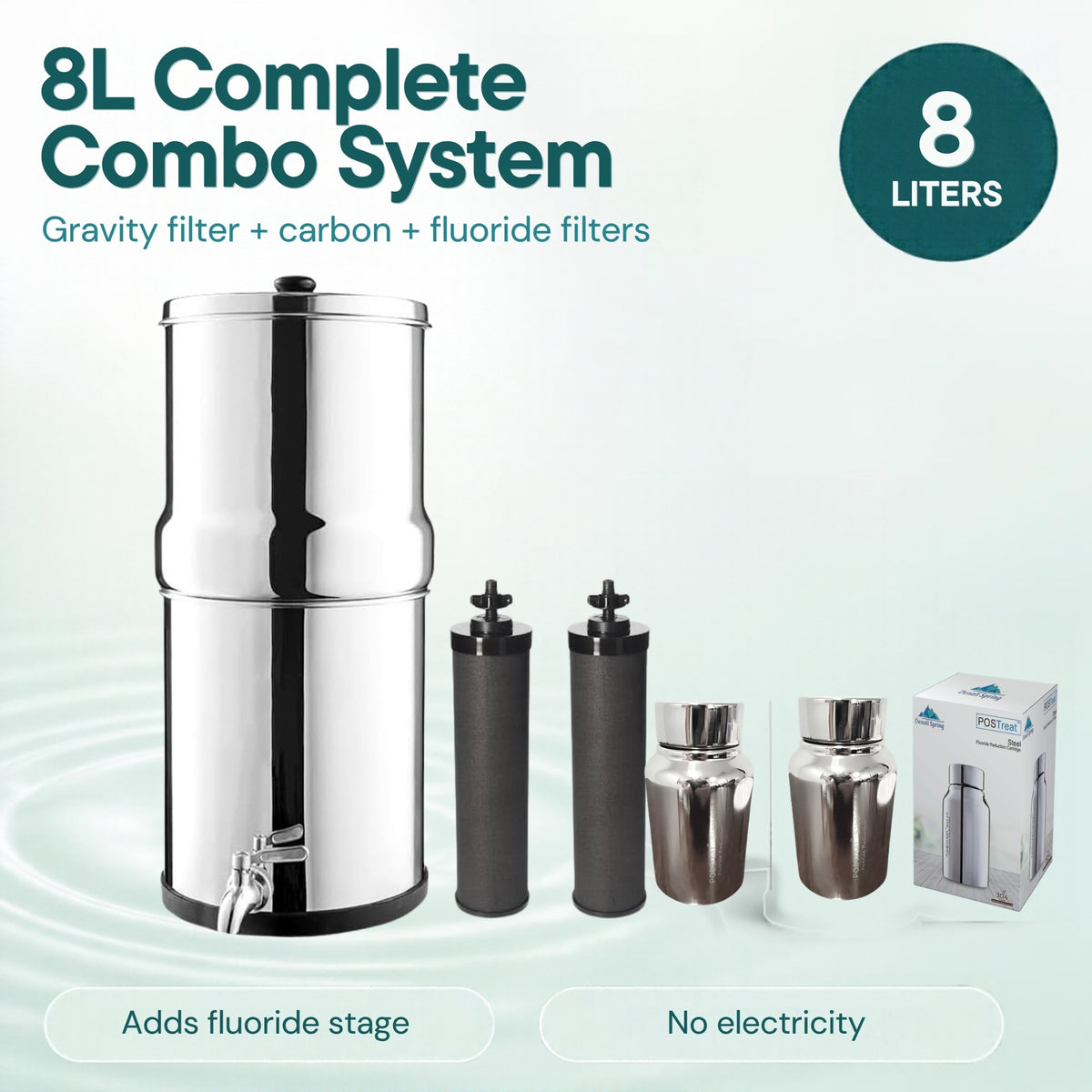 Denali Spring 8L Complete Combo: gravity filter, 2 carbon filters and 2 Post-Treat fluoride filters