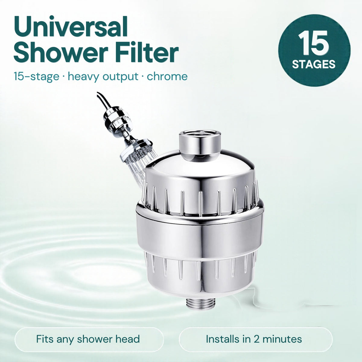 Denali Spring heavy output universal shower filter, chrome, 15-stage