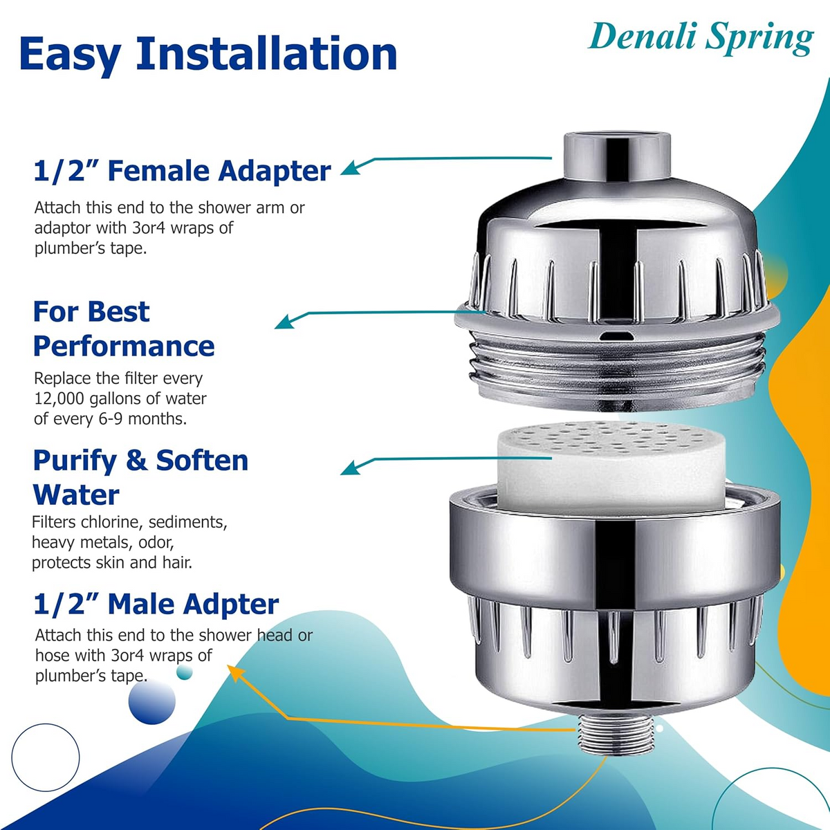 Denali Spring universal shower filter installed, chrome