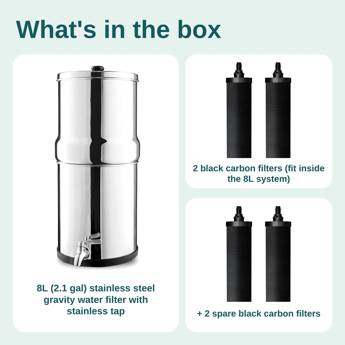 What's in the box: 8L filter and 4 carbon filters
