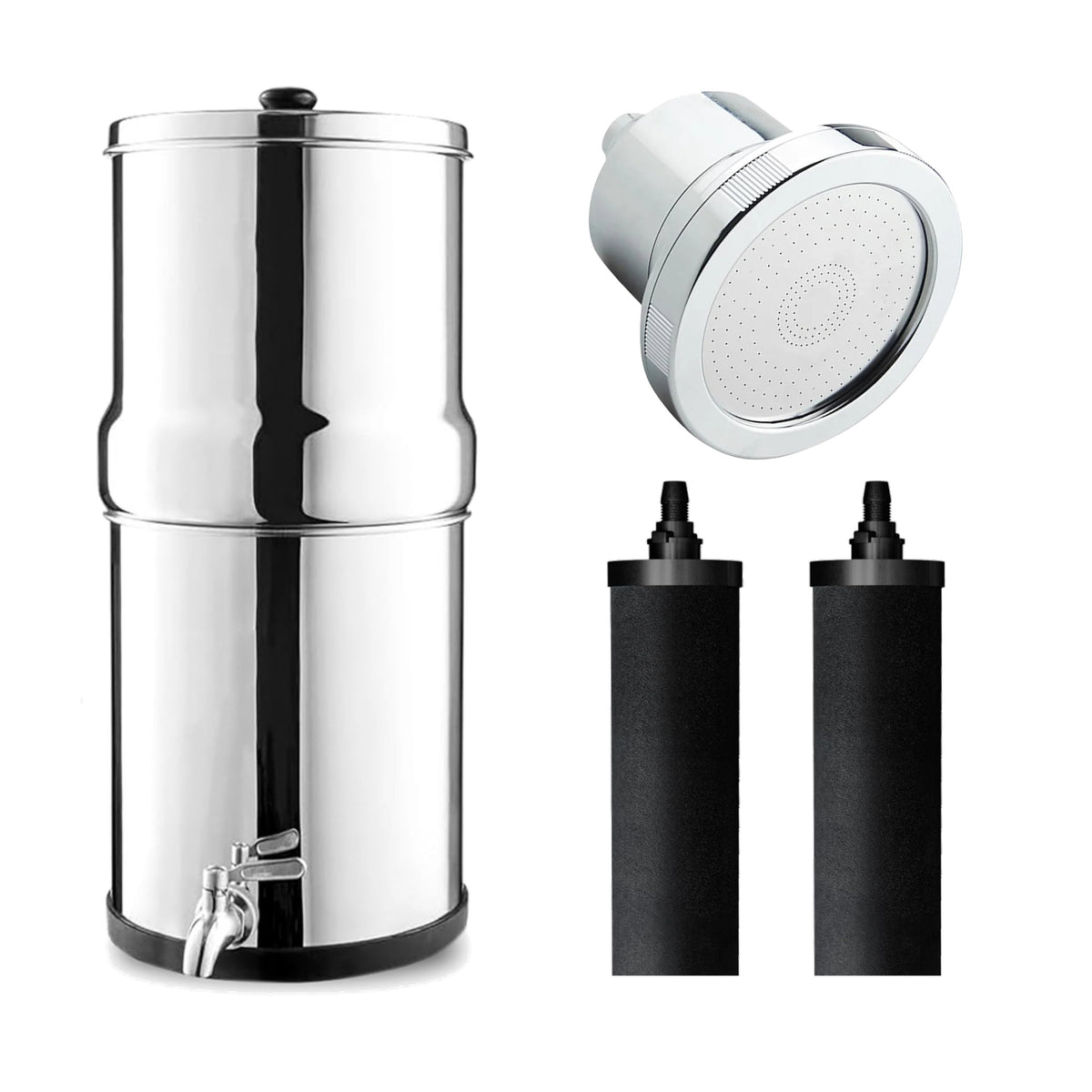 Denali Spring Kitchen + Shower Head Kit: 8L stainless steel gravity water filter, 2 black carbon filters and 15-stage filtered shower head