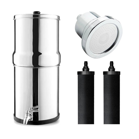 Denali Spring Kitchen + Shower Head Kit: 8L stainless steel gravity water filter, 2 black carbon filters and 15-stage filtered shower head