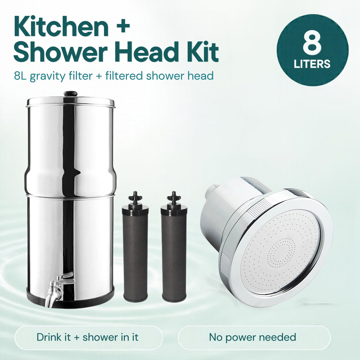 Kitchen + Shower Head Kit: 8L gravity filter plus filtered shower head