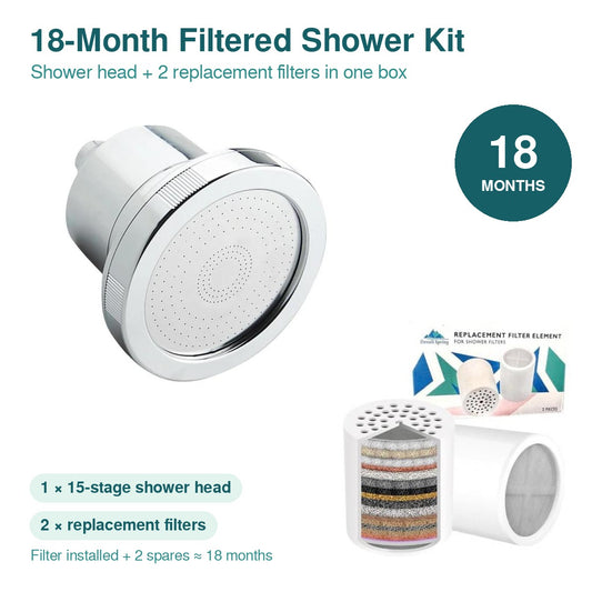 Denali Spring 18-month filtered shower head kit: 15-stage shower head plus 2 replacement filters