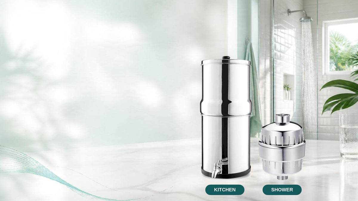 Denali Spring gravity water filter on a kitchen counter with a shower filter, spa shower in the background